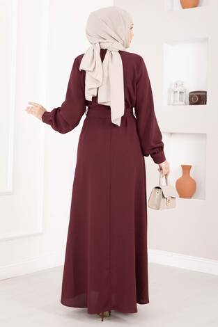 Fisto Detaylı Kuşaklı Tesettür Elbise Bordo - Thumbnail