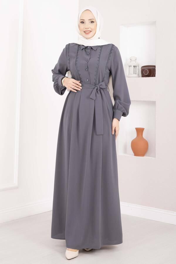 Asm - Fisto Detaylı Kuşaklı Tesettür Elbise Gri