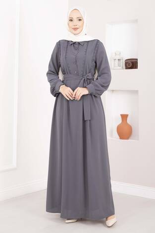Fisto Detaylı Kuşaklı Tesettür Elbise Gri - Thumbnail