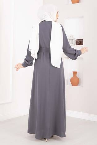 Fisto Detaylı Kuşaklı Tesettür Elbise Gri - Thumbnail