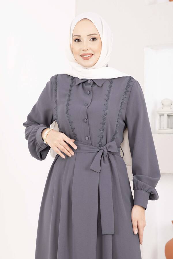 Asm - Fisto Detaylı Kuşaklı Tesettür Elbise Gri (1)