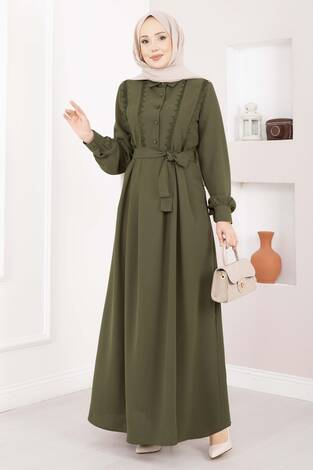 Fisto Detaylı Kuşaklı Tesettür Elbise Haki - Thumbnail
