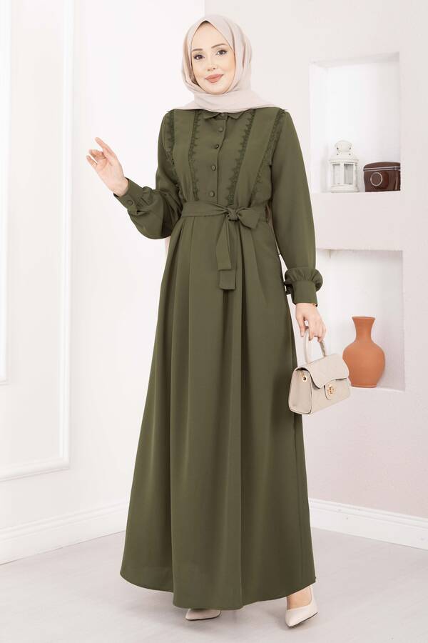 Asm - Fisto Detaylı Kuşaklı Tesettür Elbise Haki