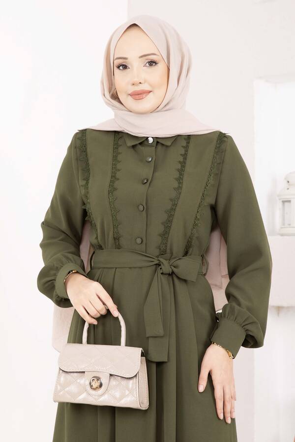 Asm - Fisto Detaylı Kuşaklı Tesettür Elbise Haki (1)