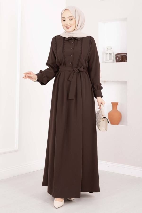 Asm - Fisto Detaylı Kuşaklı Tesettür Elbise Kahve