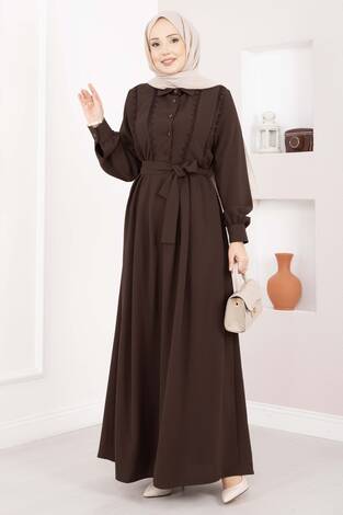 Fisto Detaylı Kuşaklı Tesettür Elbise Kahve - Thumbnail
