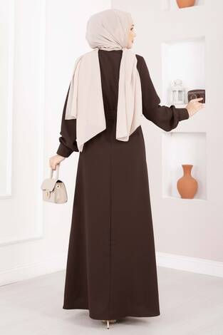 Fisto Detaylı Kuşaklı Tesettür Elbise Kahve - Thumbnail