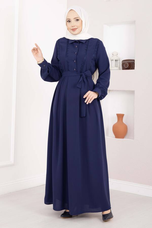 Asm - Fisto Detaylı Kuşaklı Tesettür Elbise Lacivert