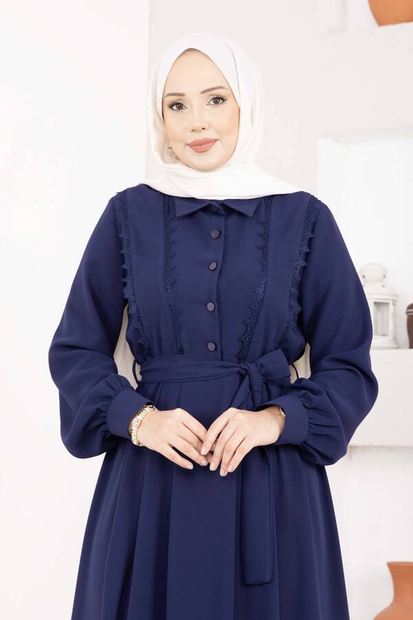 Asm - Fisto Detaylı Kuşaklı Tesettür Elbise Lacivert (1)