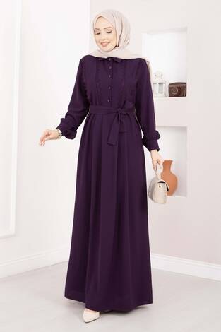 Fisto Detaylı Kuşaklı Tesettür Elbise Mürdüm - Thumbnail