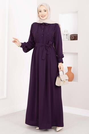 Fisto Detaylı Kuşaklı Tesettür Elbise Mürdüm - Thumbnail