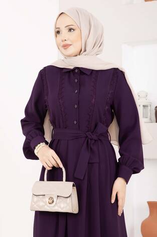 Fisto Detaylı Kuşaklı Tesettür Elbise Mürdüm - Thumbnail