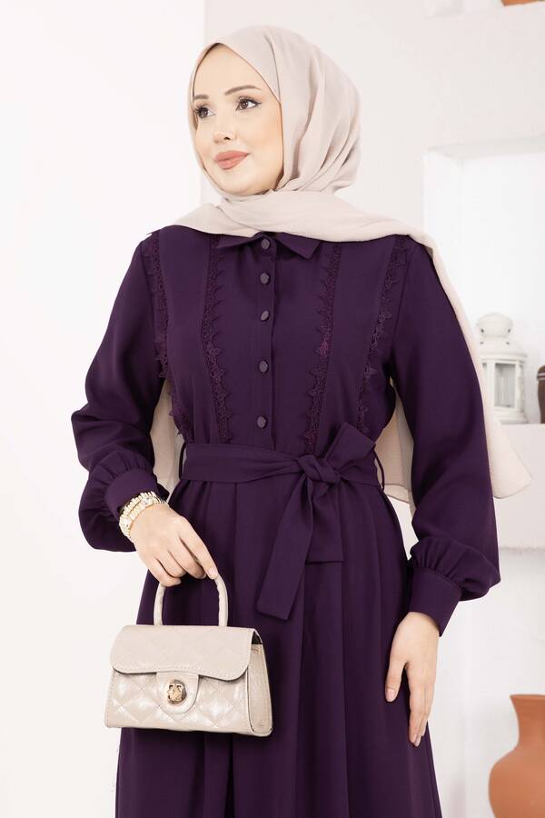 Asm - Fisto Detaylı Kuşaklı Tesettür Elbise Mürdüm (1)