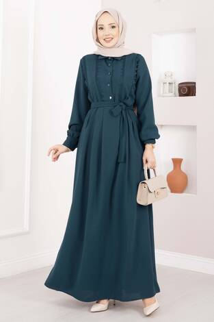 Fisto Detaylı Kuşaklı Tesettür Elbise Petrol - Thumbnail
