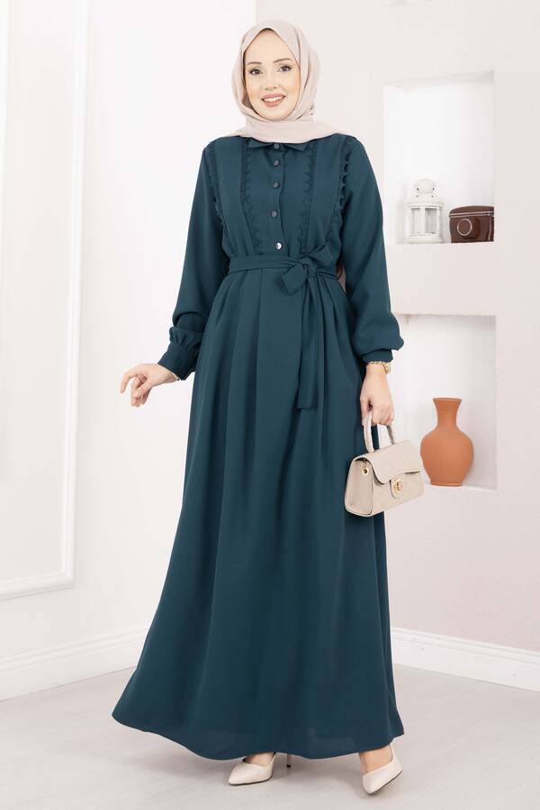 Asm - Fisto Detaylı Kuşaklı Tesettür Elbise Petrol