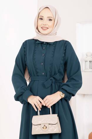 Fisto Detaylı Kuşaklı Tesettür Elbise Petrol - Thumbnail