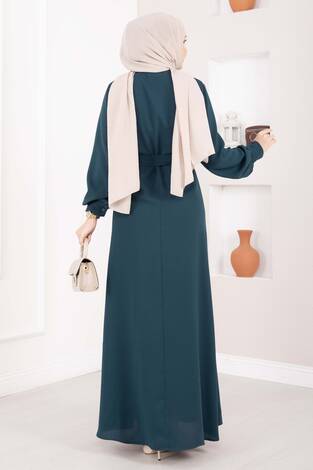 Fisto Detaylı Kuşaklı Tesettür Elbise Petrol - Thumbnail