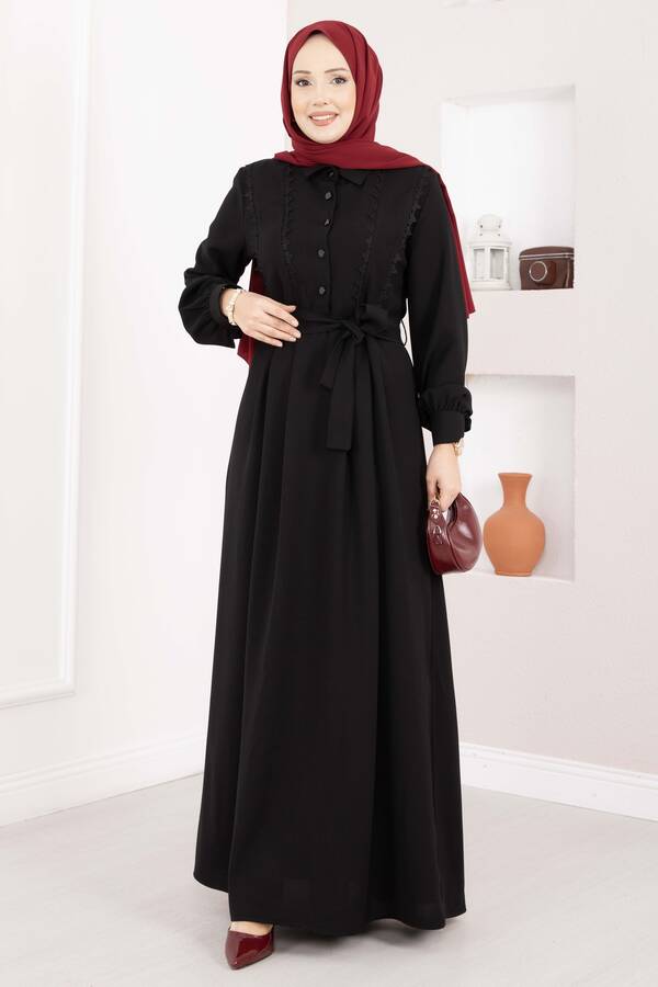 Asm - Fisto Detaylı Kuşaklı Tesettür Elbise Siyah