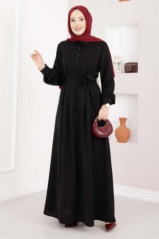 Fisto Detaylı Kuşaklı Tesettür Elbise Siyah - Thumbnail