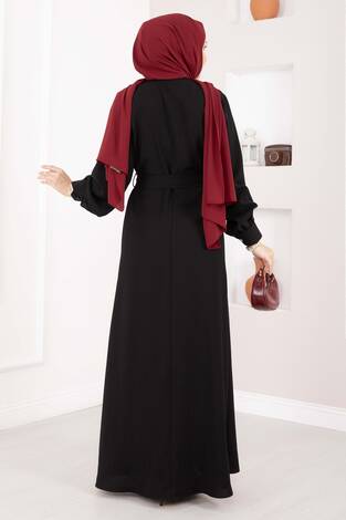 Fisto Detaylı Kuşaklı Tesettür Elbise Siyah - Thumbnail