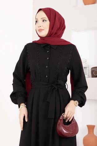 Fisto Detaylı Kuşaklı Tesettür Elbise Siyah - Thumbnail