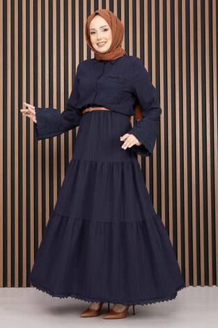 Fistolu Gömlek Etek İkili Takım Lacivert - Thumbnail