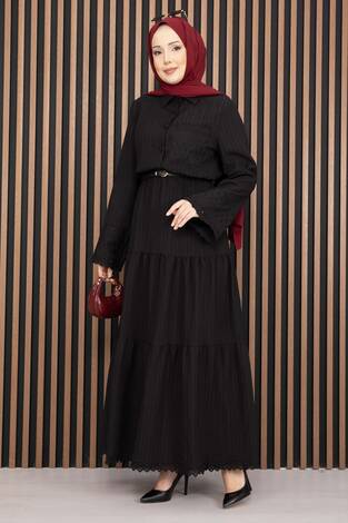 Fistolu Gömlek Etek İkili Takım Siyah - Thumbnail