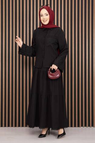 Fistolu Gömlek Etek İkili Takım Siyah - Thumbnail