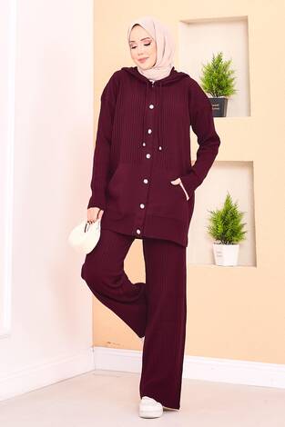 Fitilli Kapüşonlu Cepli Triko Tesettür Takım Bordo - Thumbnail