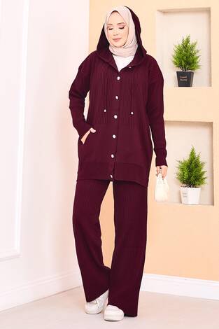 Fitilli Kapüşonlu Cepli Triko Tesettür Takım Bordo - Thumbnail