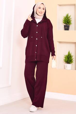 Fitilli Kapüşonlu Cepli Triko Tesettür Takım Bordo - Thumbnail