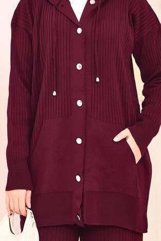 Fitilli Kapüşonlu Cepli Triko Tesettür Takım Bordo - Thumbnail