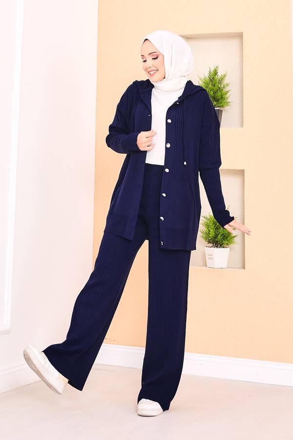 Frx - Fitilli Kapüşonlu Cepli Triko Tesettür Takım Lacivert