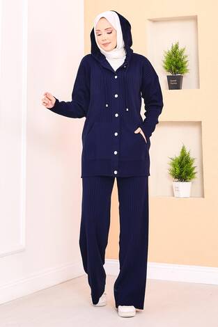 Fitilli Kapüşonlu Cepli Triko Tesettür Takım Lacivert - Thumbnail