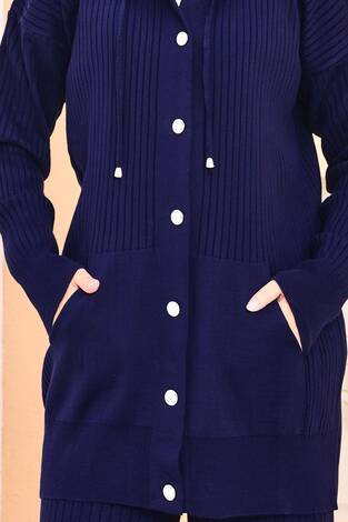 Fitilli Kapüşonlu Cepli Triko Tesettür Takım Lacivert - Thumbnail