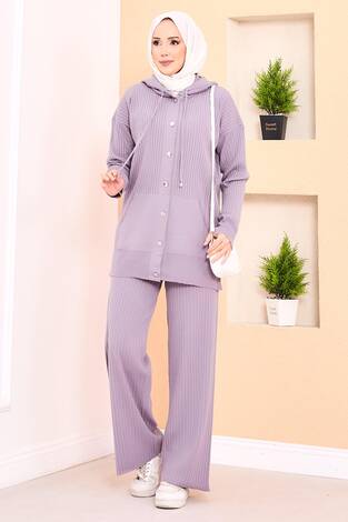 Fitilli Kapüşonlu Cepli Triko Tesettür Takım Lila - Thumbnail