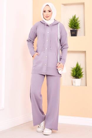 Fitilli Kapüşonlu Cepli Triko Tesettür Takım Lila - Thumbnail