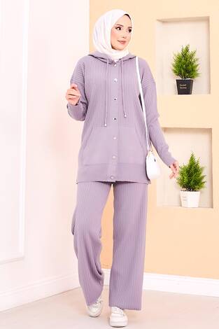 Fitilli Kapüşonlu Cepli Triko Tesettür Takım Lila - Thumbnail