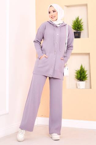 Fitilli Kapüşonlu Cepli Triko Tesettür Takım Lila - Thumbnail