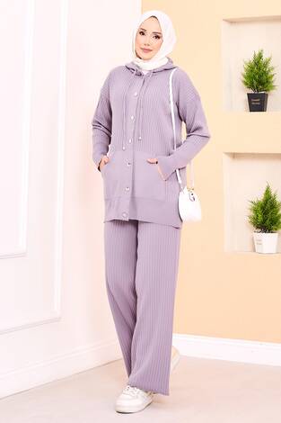 Fitilli Kapüşonlu Cepli Triko Tesettür Takım Lila - Thumbnail