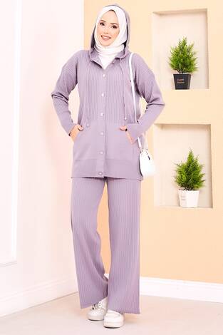 Fitilli Kapüşonlu Cepli Triko Tesettür Takım Lila - Thumbnail