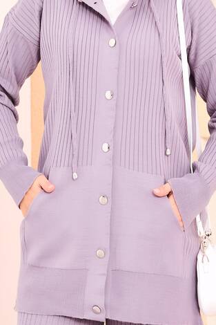 Fitilli Kapüşonlu Cepli Triko Tesettür Takım Lila - Thumbnail