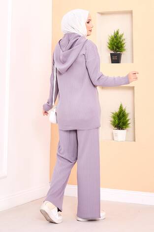Fitilli Kapüşonlu Cepli Triko Tesettür Takım Lila - Thumbnail
