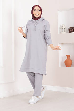 Fitilli Kapüşonlu Tesettür İkili Takım Gri - Thumbnail