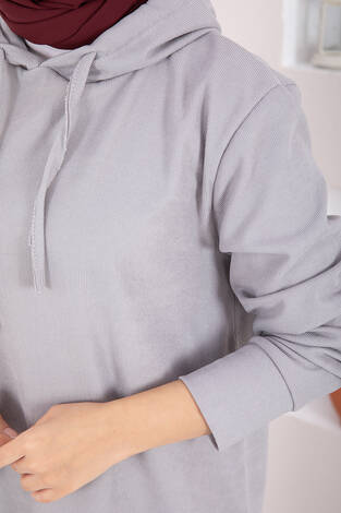Fitilli Kapüşonlu Tesettür İkili Takım Gri - Thumbnail