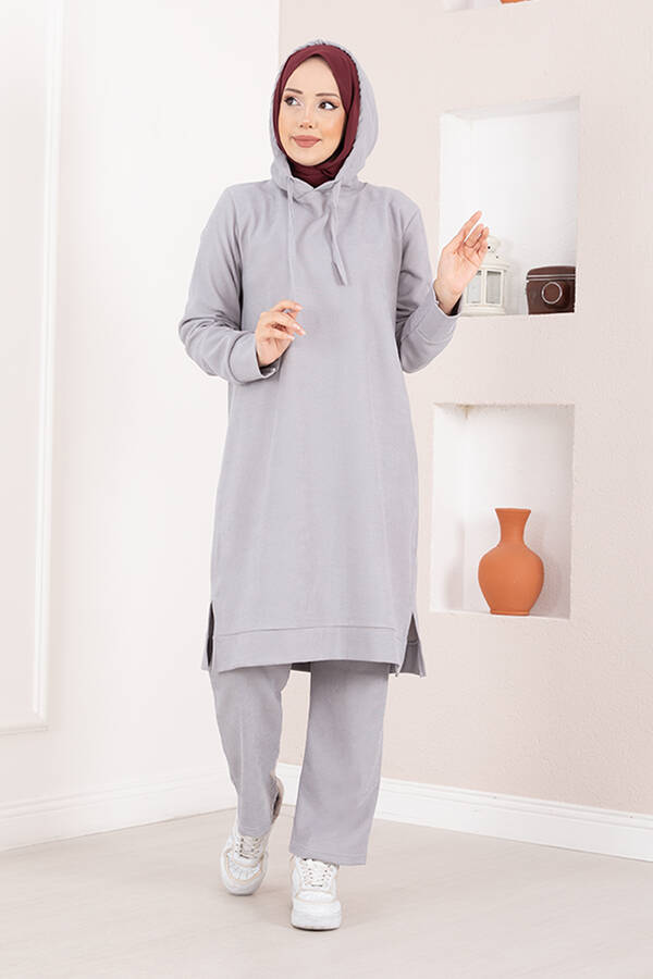 Azr - Fitilli Kapüşonlu Tesettür İkili Takım Gri