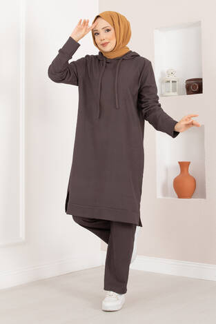 Fitilli Kapüşonlu Tesettür İkili Takım Kahve - Thumbnail