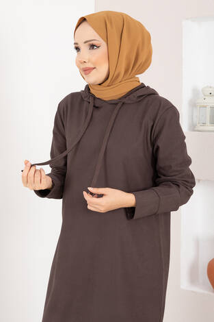 Fitilli Kapüşonlu Tesettür İkili Takım Kahve - Thumbnail