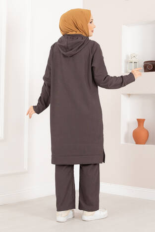 Fitilli Kapüşonlu Tesettür İkili Takım Kahve - Thumbnail