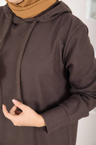 Fitilli Kapüşonlu Tesettür İkili Takım Kahve - Thumbnail